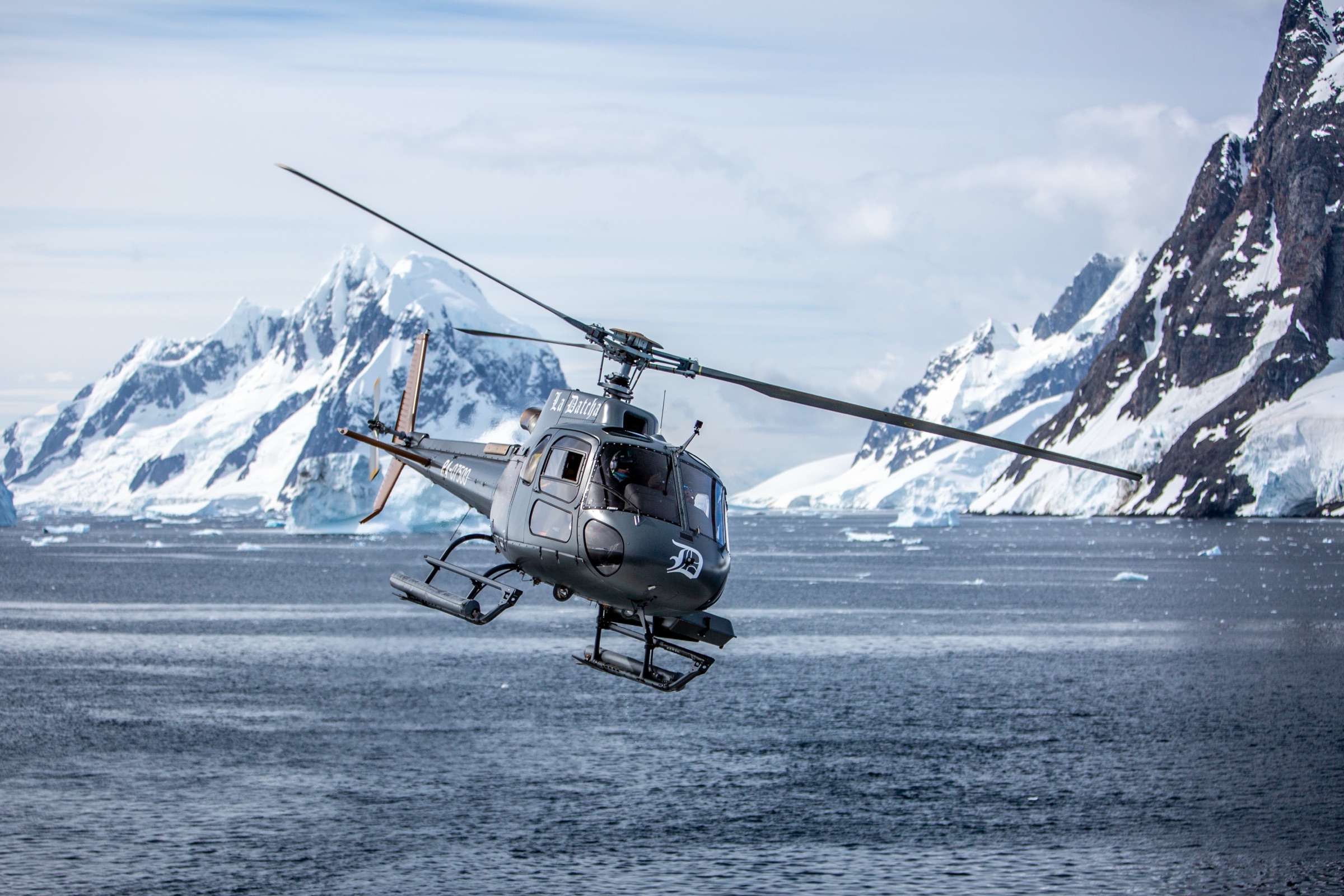 La Datcha helicopter over the fjord